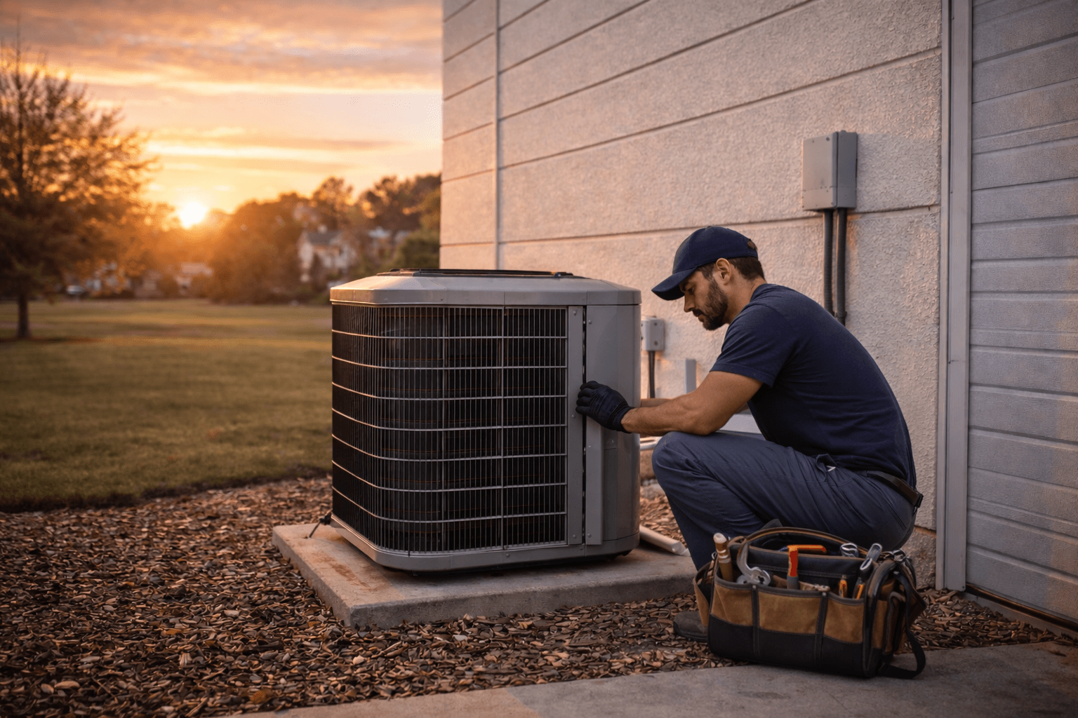 HVAC technician servicing air conditioning unit